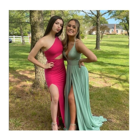 Hot Pink One-Shoulder Cutout Maxi Dress With Thigh-High Slit & Side Zipper Closu - Picture 2 of 7